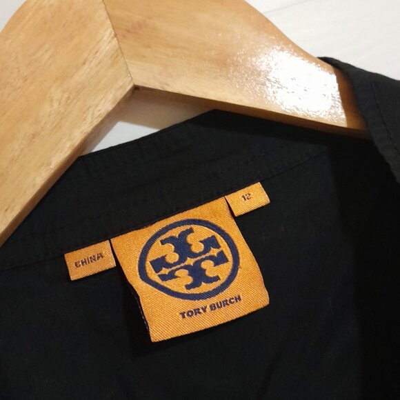 Tory Burch Black Ling Button Up Blouse Gold Logo Buttons sz 12 - Picture 1 of 5